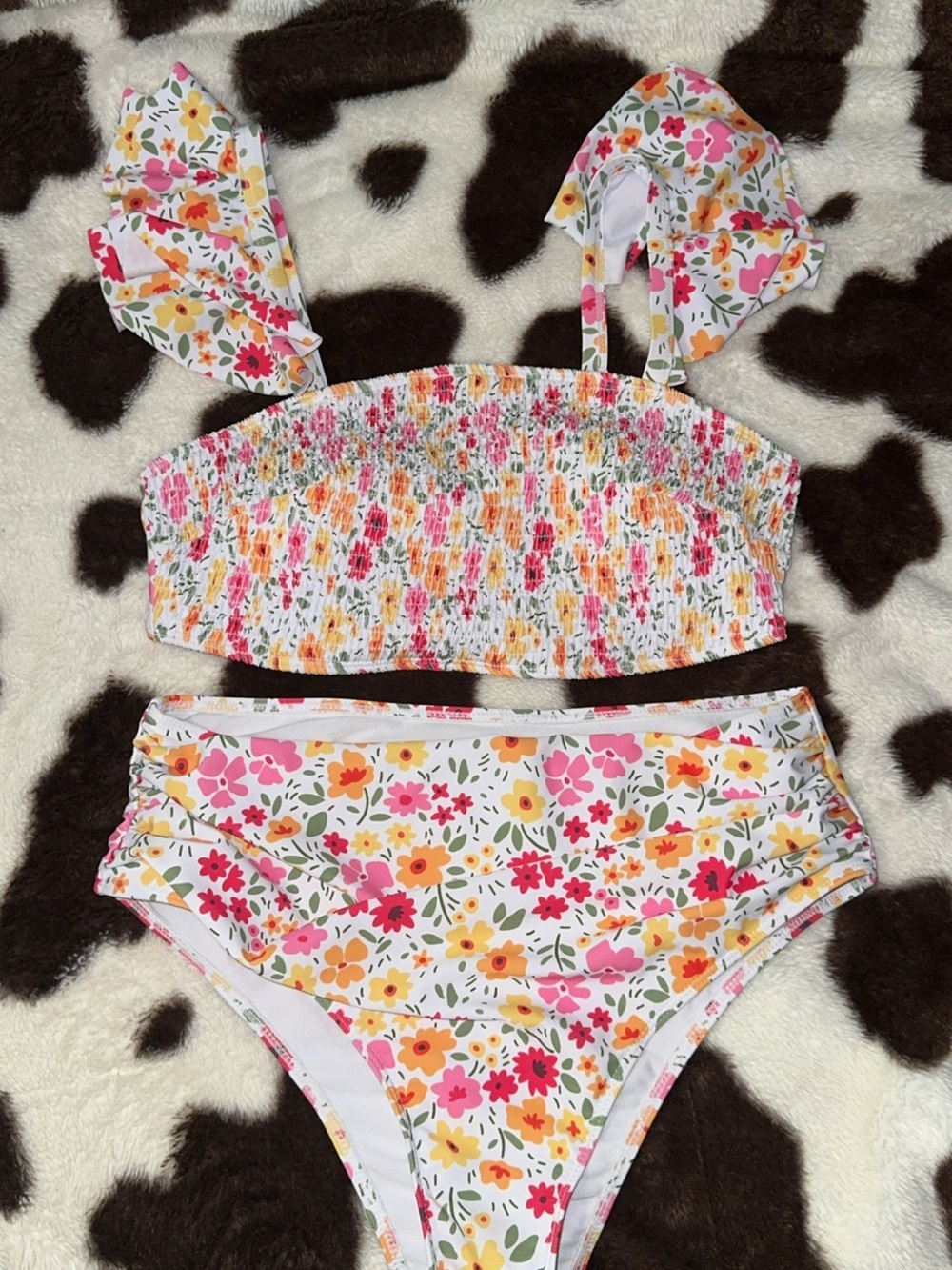 Floral Shirred Bandeau High-Waist Bikini - Pink & Yellow